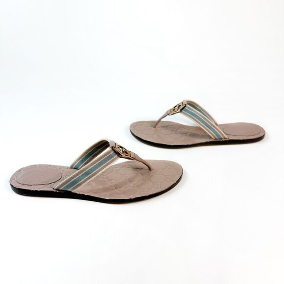 GUCCI Nude Web Stripe GG Sandal 37.5 Flat Flip Flop Leather Guccissima Embossed - Picture 8 of 13